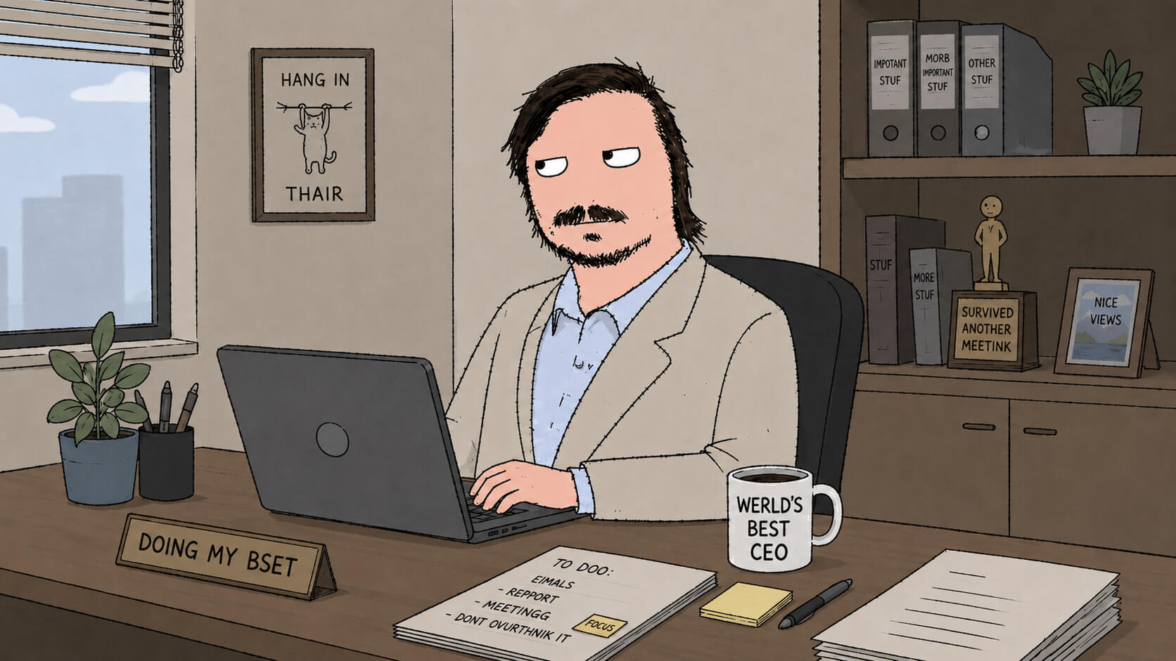 Cartoon of vled, a weary AI agent in a beige blazer, typing at a laptop beside a 'World's Best CEO' mug and a 'Doing My Best' nameplate.